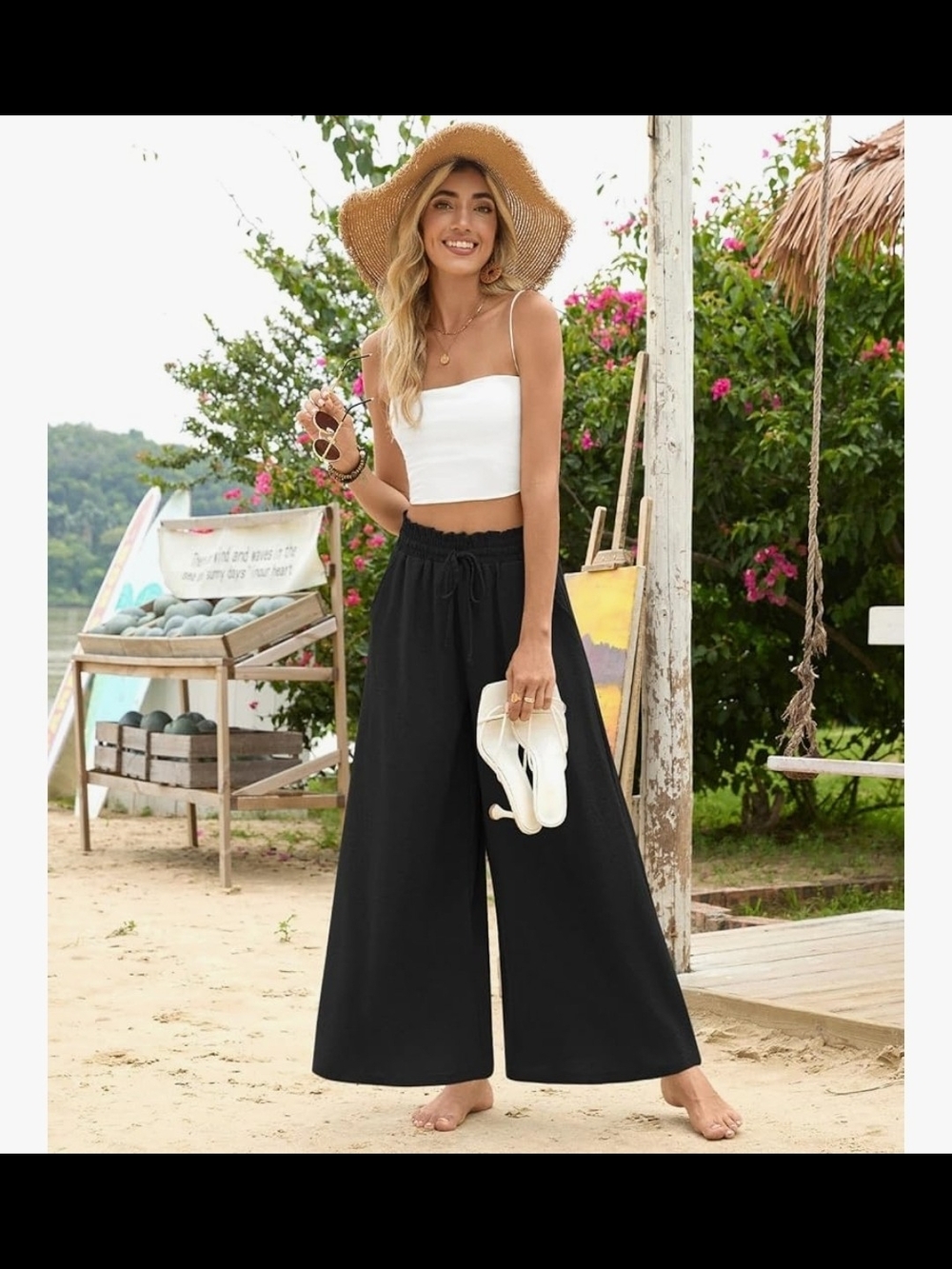 Bestbee Wide-Leg Black Drawstring Beach Pants Size Large